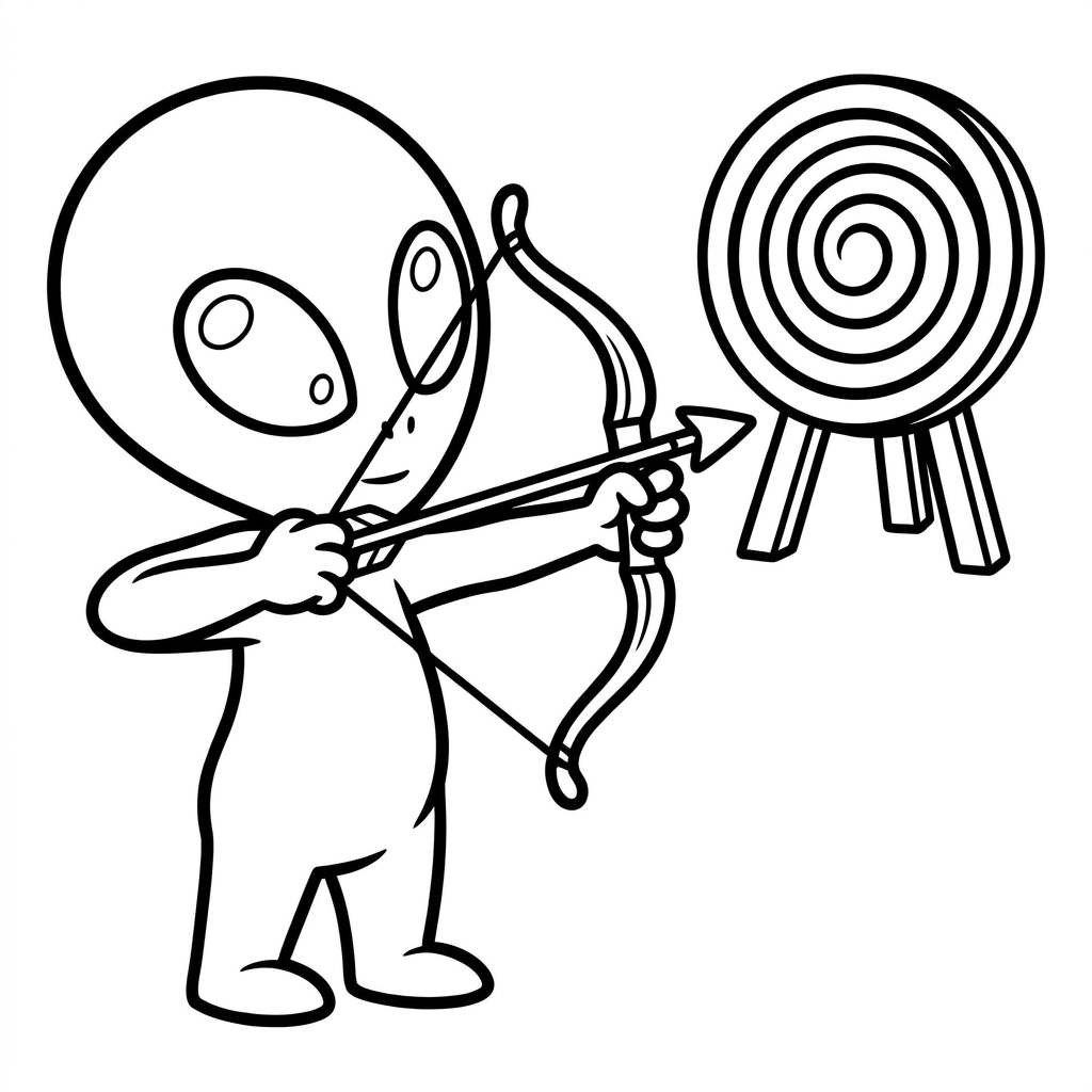 Baby Yoda coloring page aiming a bow and arrow at a target